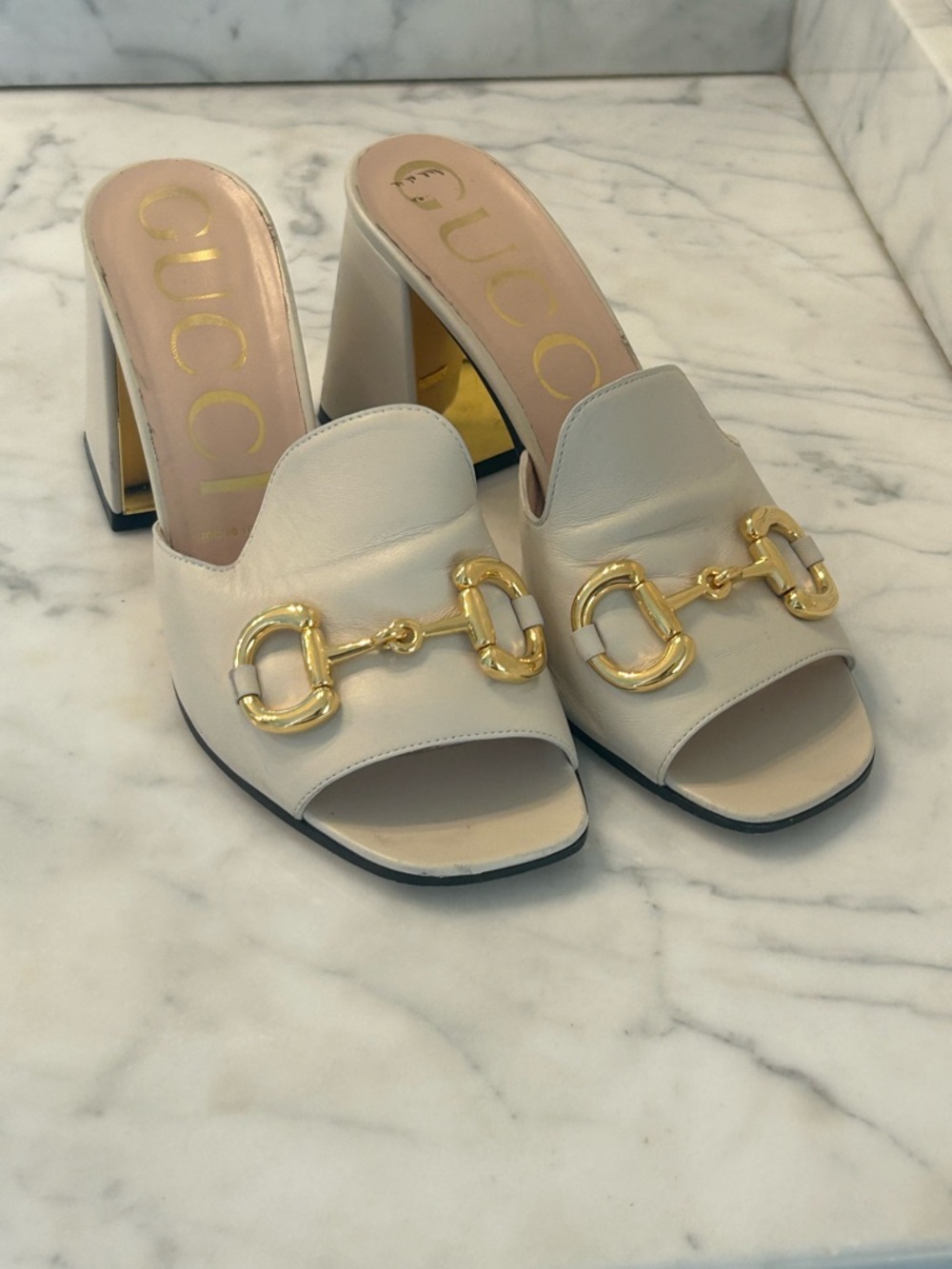 Gucci Cream Leather Open-Toe Mule Heels with Gold Horsebit